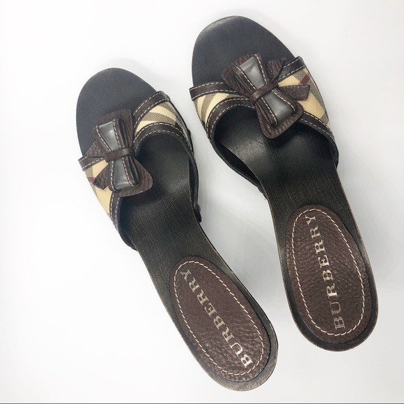 Burberry Nova Check Heels Sandal 37 Wood Open Bow - Picture 4 of 7